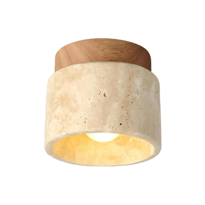 RoyaleGlow Japandi Travertine Wood LED Flush Mount Ceiling Light - Modern Minimalist