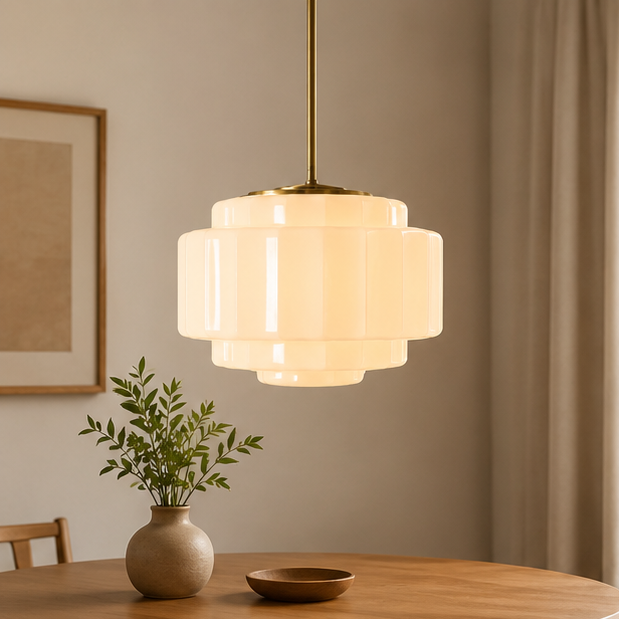 Antique Brass Tiered Opal White Glass Pendant Light