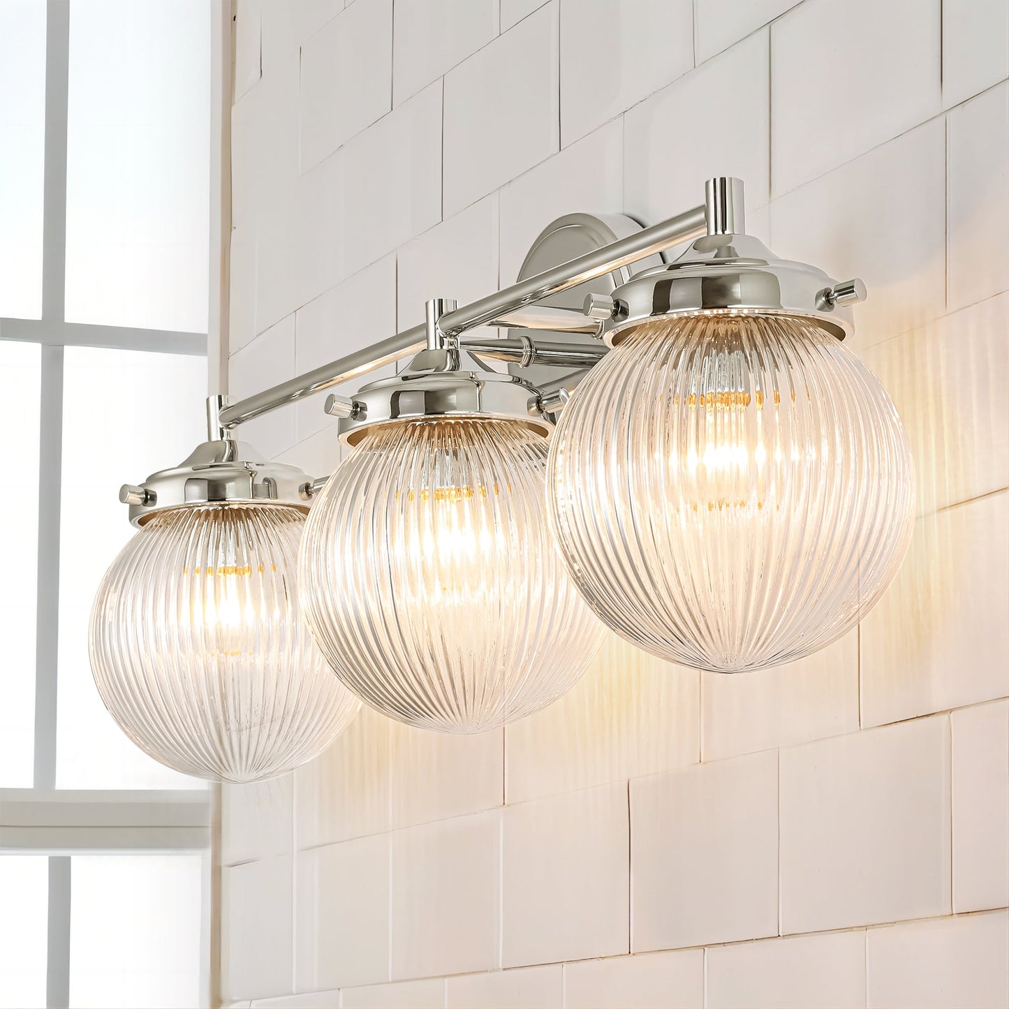 Orbliss 3-Light Ribbed Glass Globe Bubble Vanity Light (24") 9