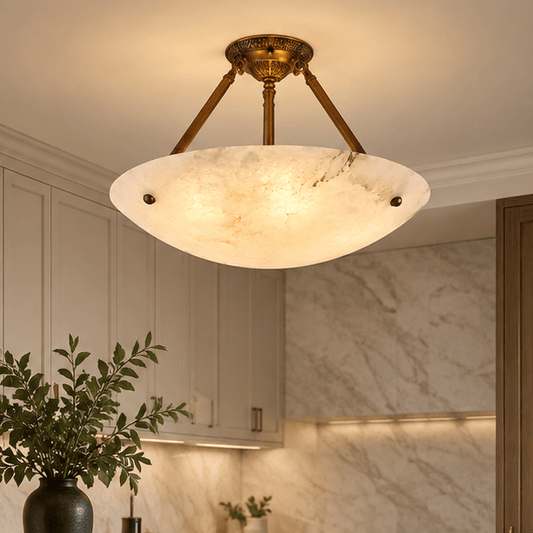 LuxRoyale Alabaster Bowl Pendant Light - Warm Amber Stone Ceiling Fixture - Royale Basic