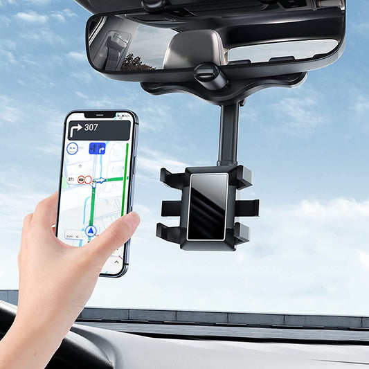 Universal rearview mirror phone holder with 360-degree rotation and extendable arm. Secure hands-free car mount for phones (1.96-3.35 inches) and small cameras. Durable ABS plastic construction for safe navigation