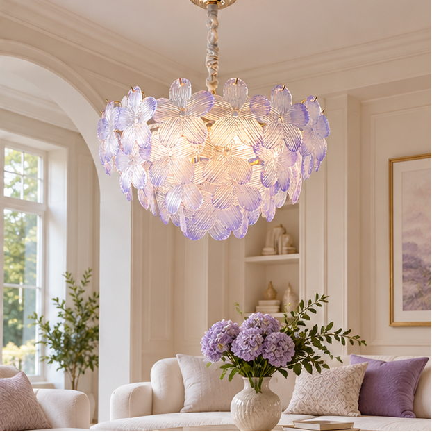 RoyaleGlow Floral Glass Crystal Chandelier - Colored Petal Hanging Light Fixture