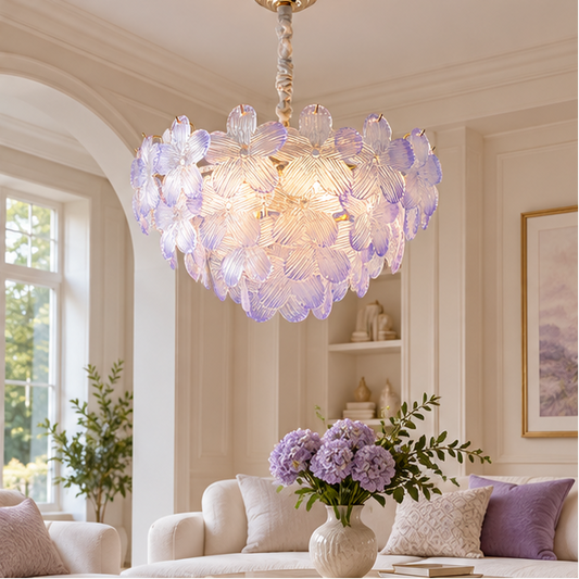 RoyaleGlow Floral Glass Crystal Chandelier - Colored Petal Hanging Light Fixture