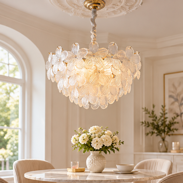 RoyaleGlow Floral Glass Crystal Chandelier - Colored Petal Hanging Light Fixture