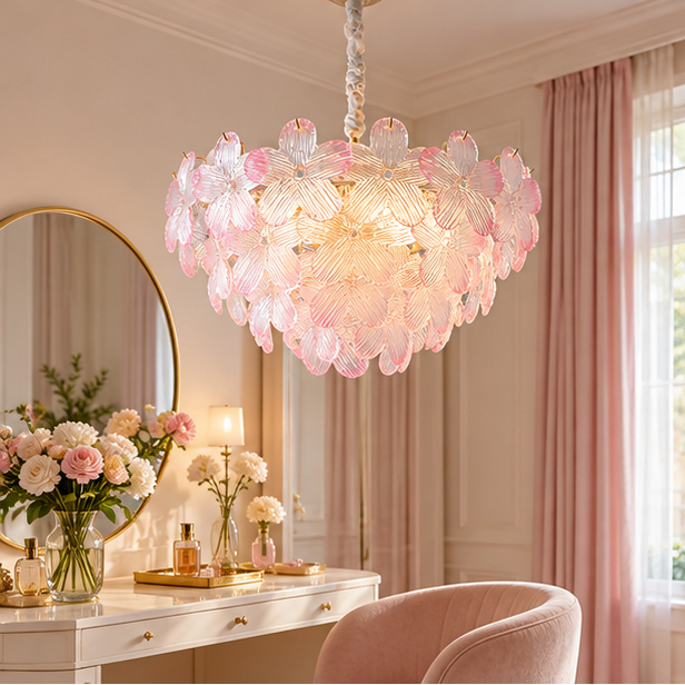RoyaleGlow Floral Glass Crystal Chandelier - Colored Petal Hanging Light Fixture