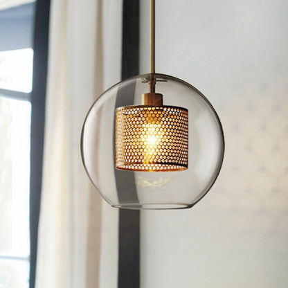 LuxRoyale Double-Layer Glass Pendant Light With Inner Mesh Core and Outer Glass Shade