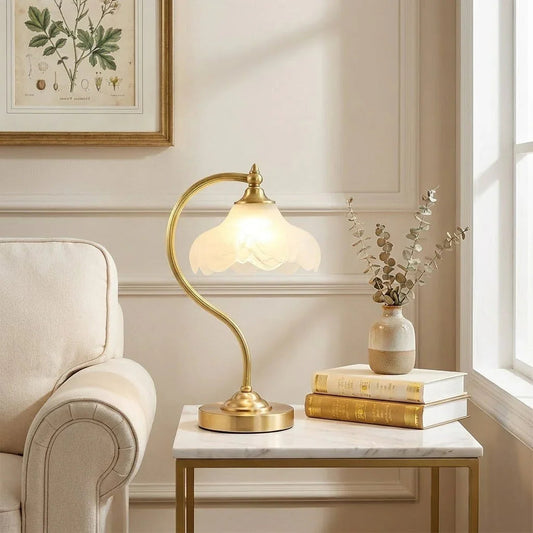 Royelux Modern Brass Accent Lamp with Scalloped Glass Shade