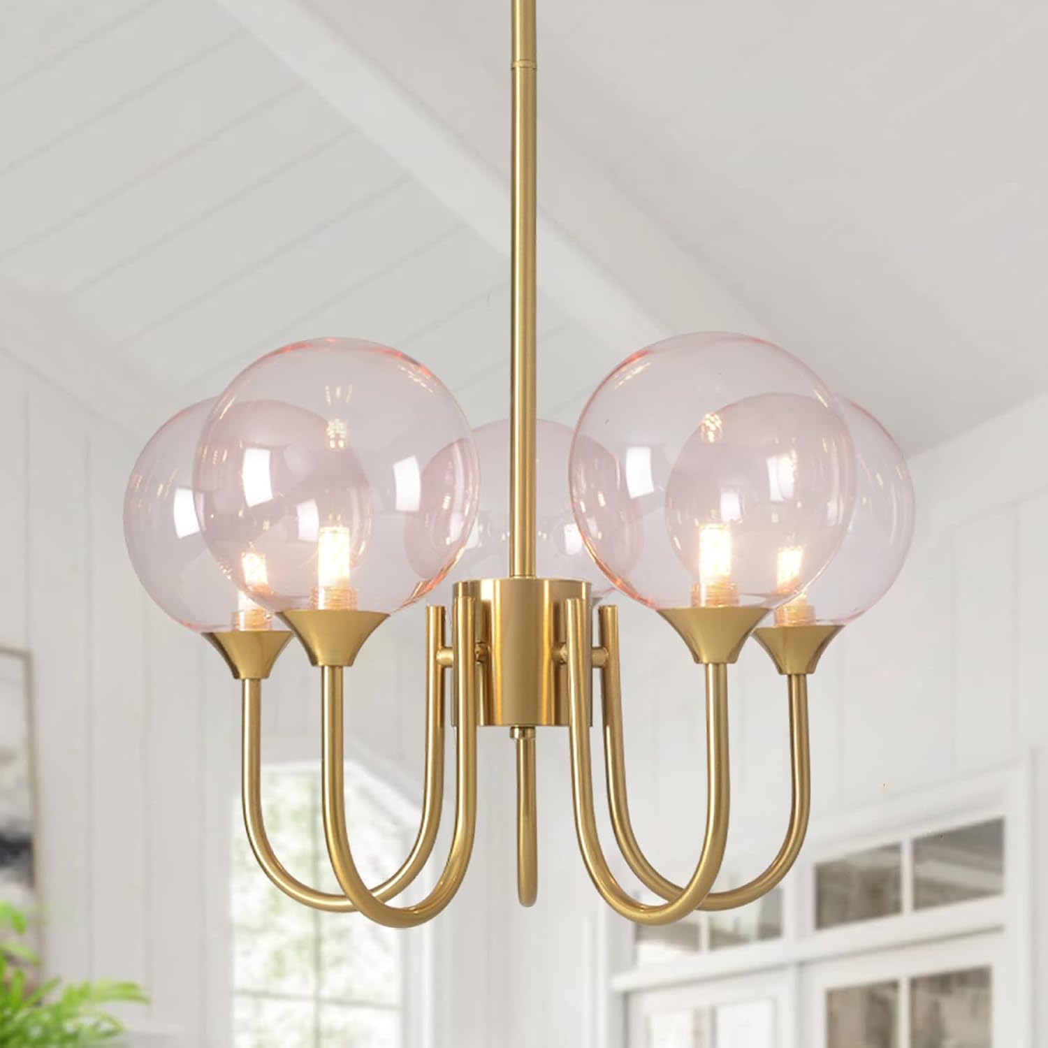 Pink Bubble Gold Chandelier, Modern Glass Sputnik Ceiling Light 1