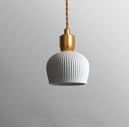 Pleated Ceramic & Brass Cocoon Pendant Light 0