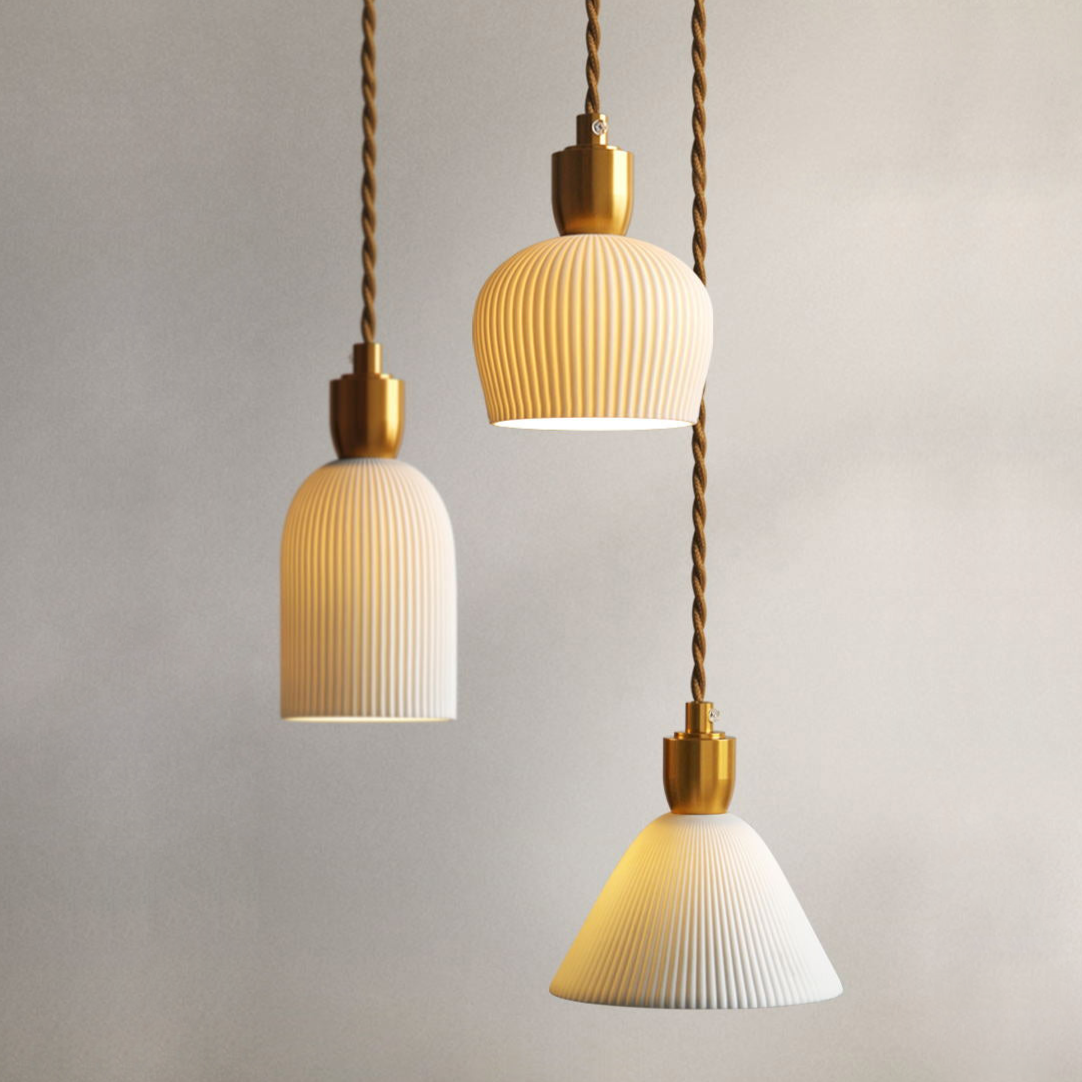 Pleated Ceramic & Brass Cocoon Pendant Light 1