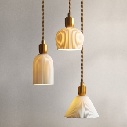 Pleated Ceramic & Brass Cocoon Pendant Light 1