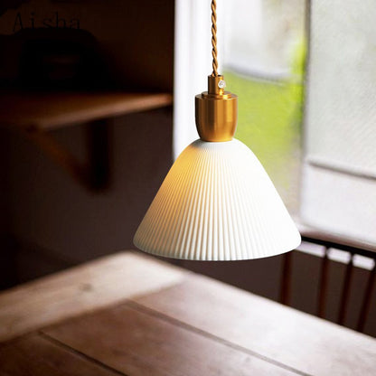 Pleated Ceramic & Brass Cocoon Pendant Light 2