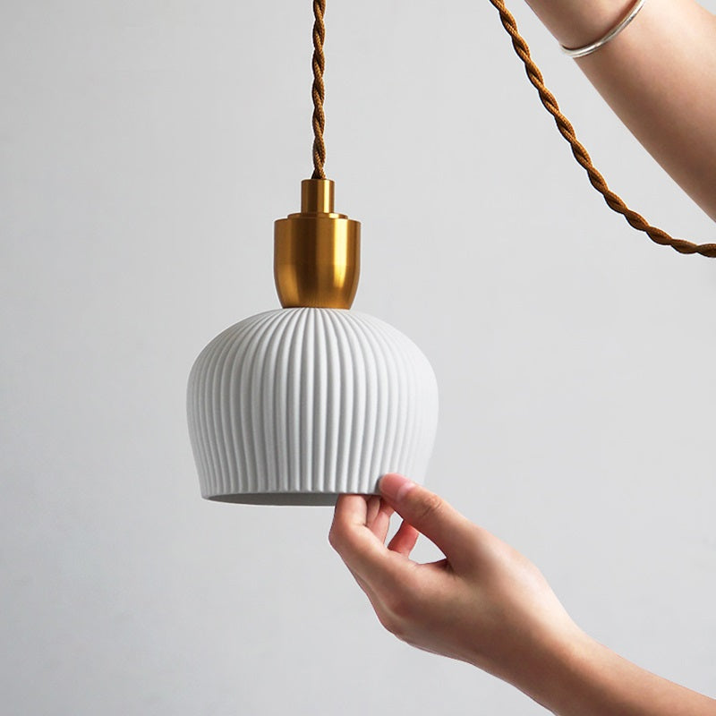 Pleated Ceramic & Brass Cocoon Pendant Light 5