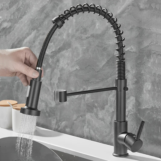 Modern stainless steel single-hole spring kitchen faucet with pull-down sprayer, 360° swivel, stream and spray modes, brushed nickel finish, easy-install design.