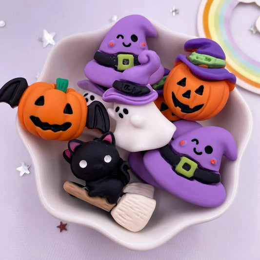 Resin Kawaii Colorful Pumpkin Demon Broom Elf Purple Hat Flat back Cartoon Figurines 10PCS Scrapbooks DIY Halloween Decor Crafts 0