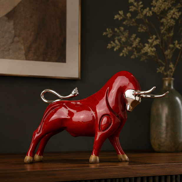 Resin Simulation Animal Statue Modern Figurines Red and Black Bull Sculpture Living Room Bookcase Crafts Accessories Home Decor