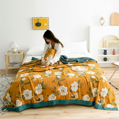 Reversible Cotton Quilt with Boho Yellow Floral Design – Soft, Durable