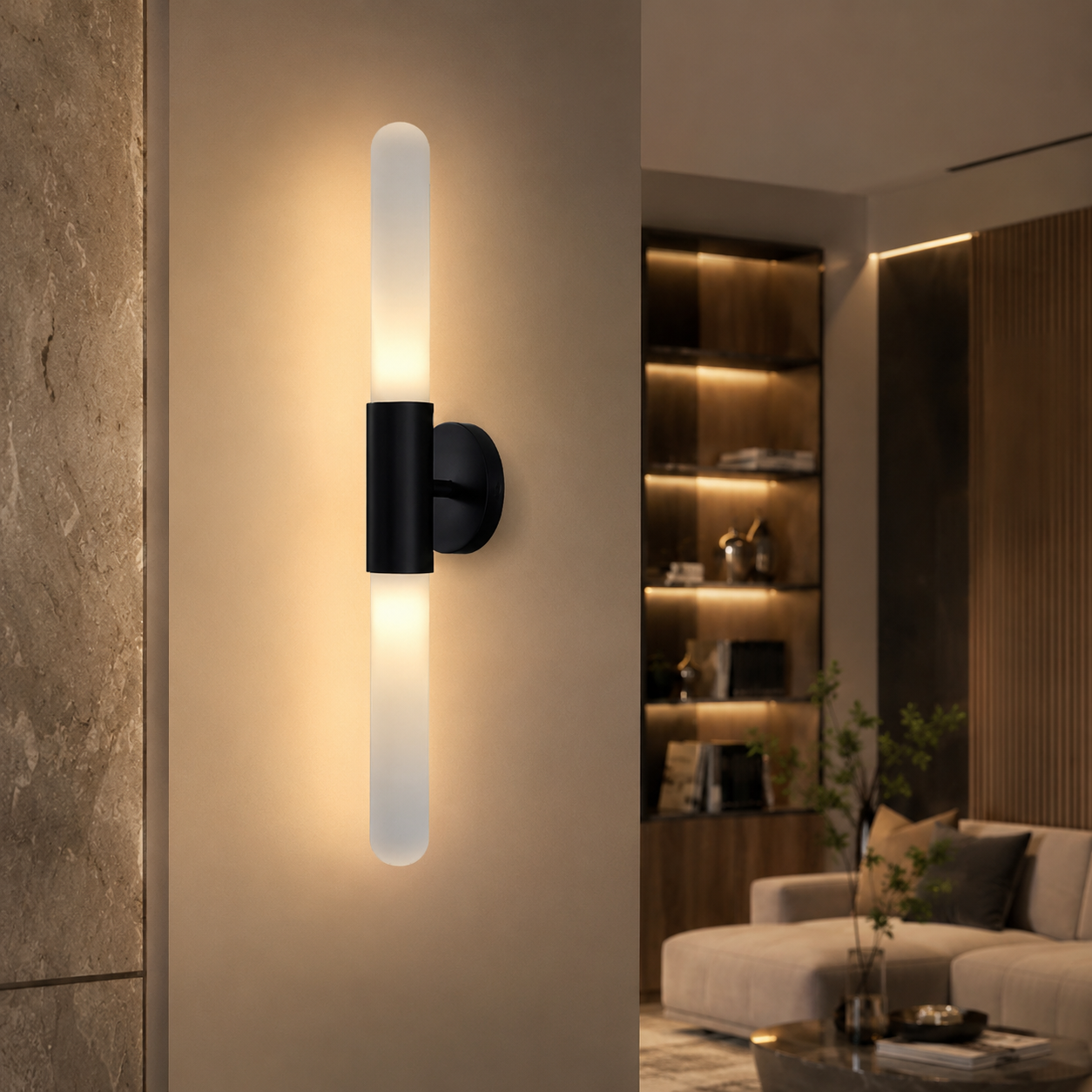 RoyaleGlow Modern Black Linear LED Wall Sconce | Frosted Glass Tube for Ambient Lighting-Royale Basic