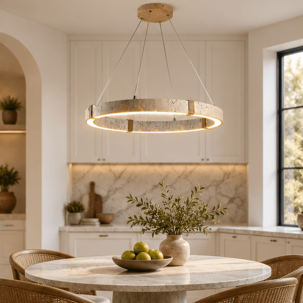 RoyaleGlow Modern Travertine Ring LED Chandelier - Natural Stone Hanging Ceiling Light - Royale Basic