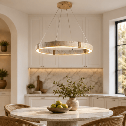 RoyaleGlow Modern Travertine Ring LED Chandelier - Natural Stone Hanging Ceiling Light - Royale Basic