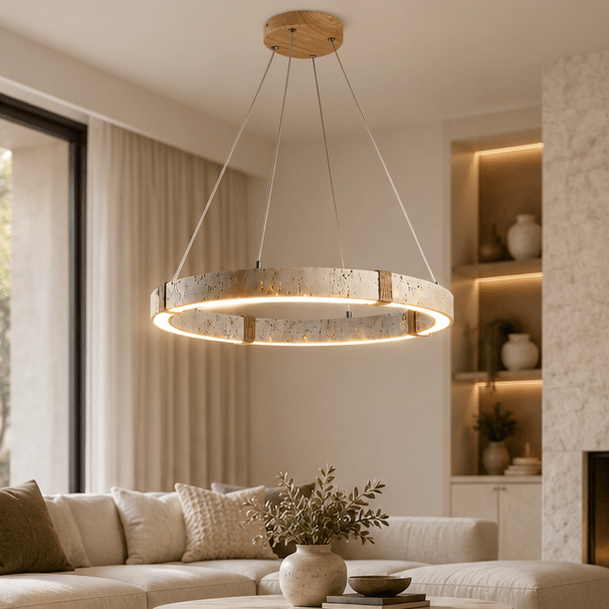 RoyaleGlow Modern Travertine Ring LED Chandelier - Natural Stone Hanging Ceiling Light - Royale Basic