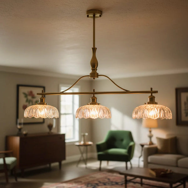 Royelux Vintage Brass 3-Light Kitchen Island Chandelier with Textured Glass Shades