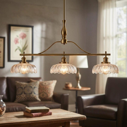 Royelux Vintage Brass 3-Light Kitchen Island Chandelier with Textured Glass Shades-Royale Basic