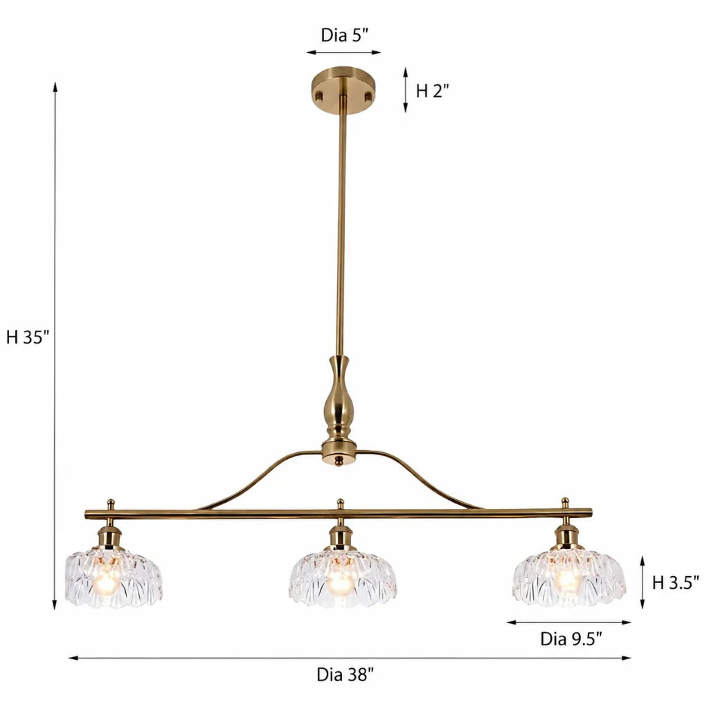 Royelux Vintage Brass 3-Light Kitchen Island Chandelier with Textured Glass Shades