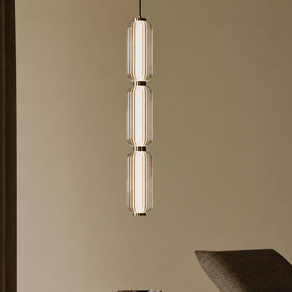 RoyaleGlow Modern Ribbed Glass Pendant Light - Brushed Gold Linear Cylinder Hanging Lamp