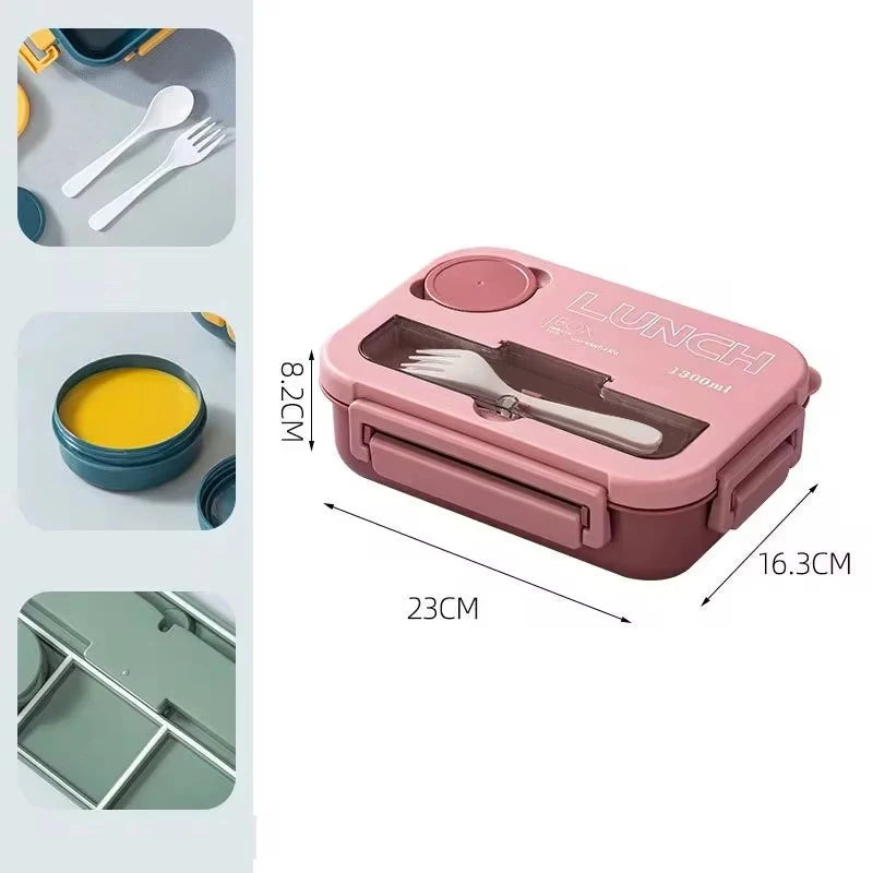 Royallure 1300ML Portable Bento Lunch Box with Compartments, Fork & Spoon, Microwave Safe for Kids, Students & Office