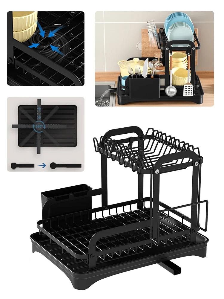Royallure 2-Tier Dish Drying Rack with 360-Degree Drainage and Bottom Drip Tray – Over the Sink Dish Rack for Kitchen Organization 1