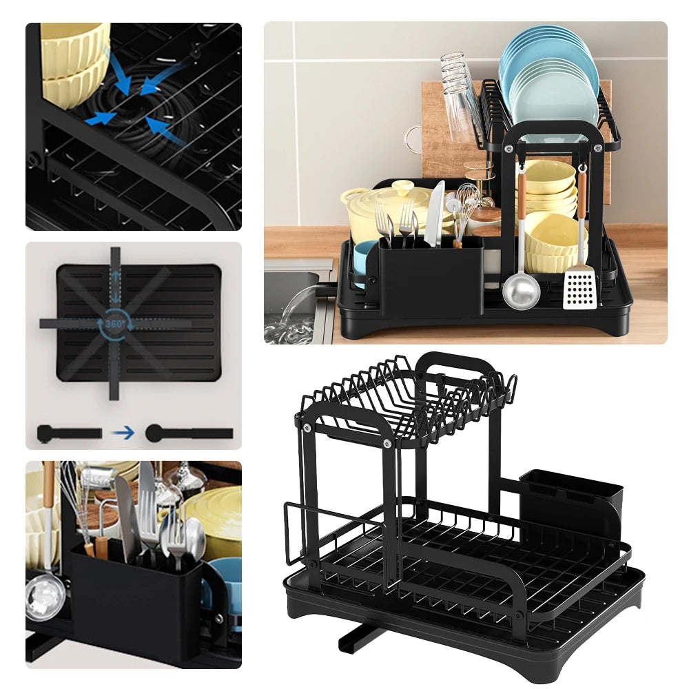 Royallure 2-Tier Dish Drying Rack with 360-Degree Drainage and Bottom Drip Tray – Over the Sink Dish Rack for Kitchen Organization 2