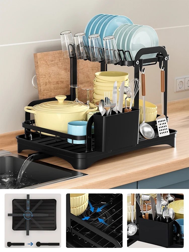 Royallure 2-Tier Dish Drying Rack with 360-Degree Drainage and Bottom Drip Tray – Over the Sink Dish Rack for Kitchen Organization 3
