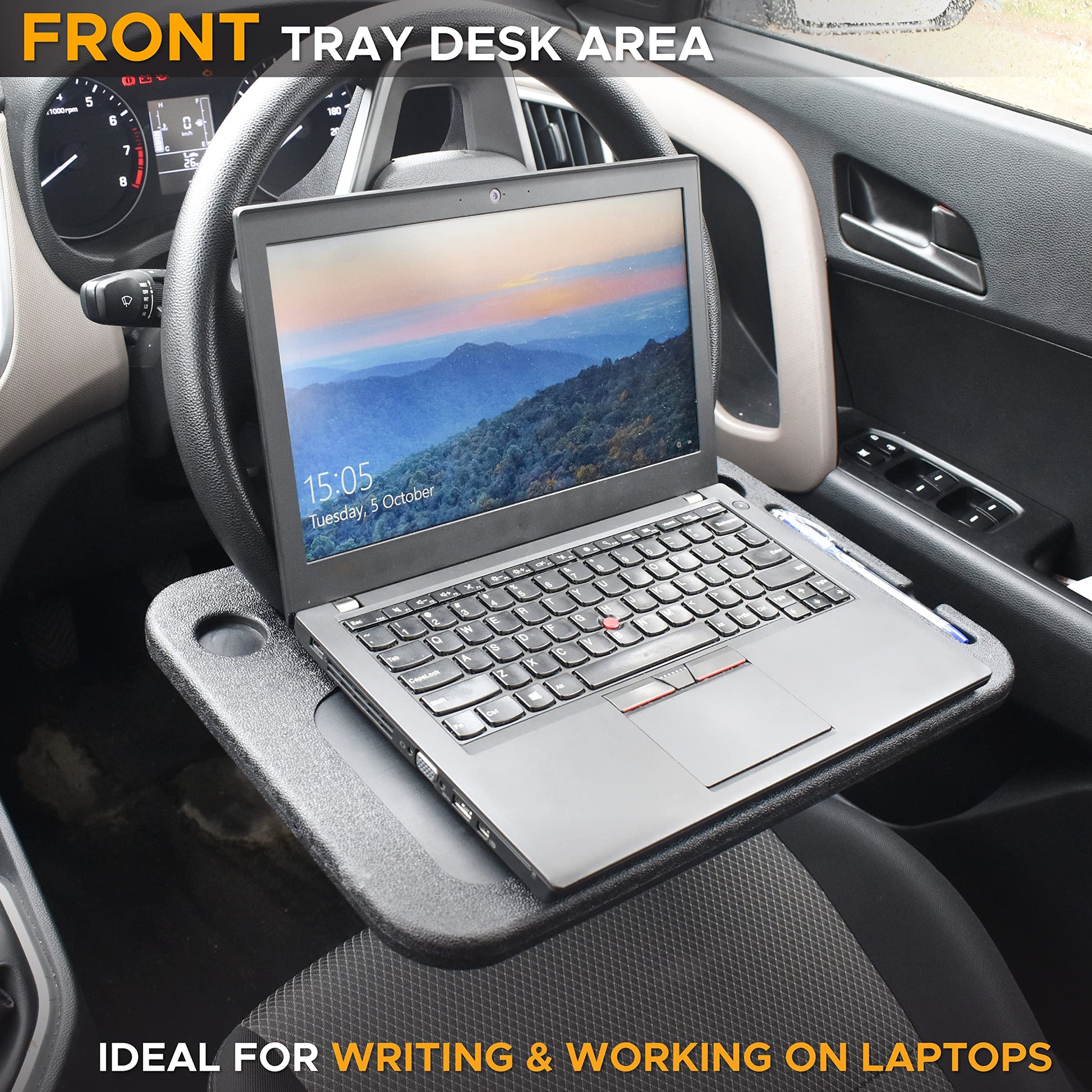 Royallure 2-in-1 Car Desk for Laptop and Food – Steering Wheel Tray with Drink Holder for Travel and Work 1