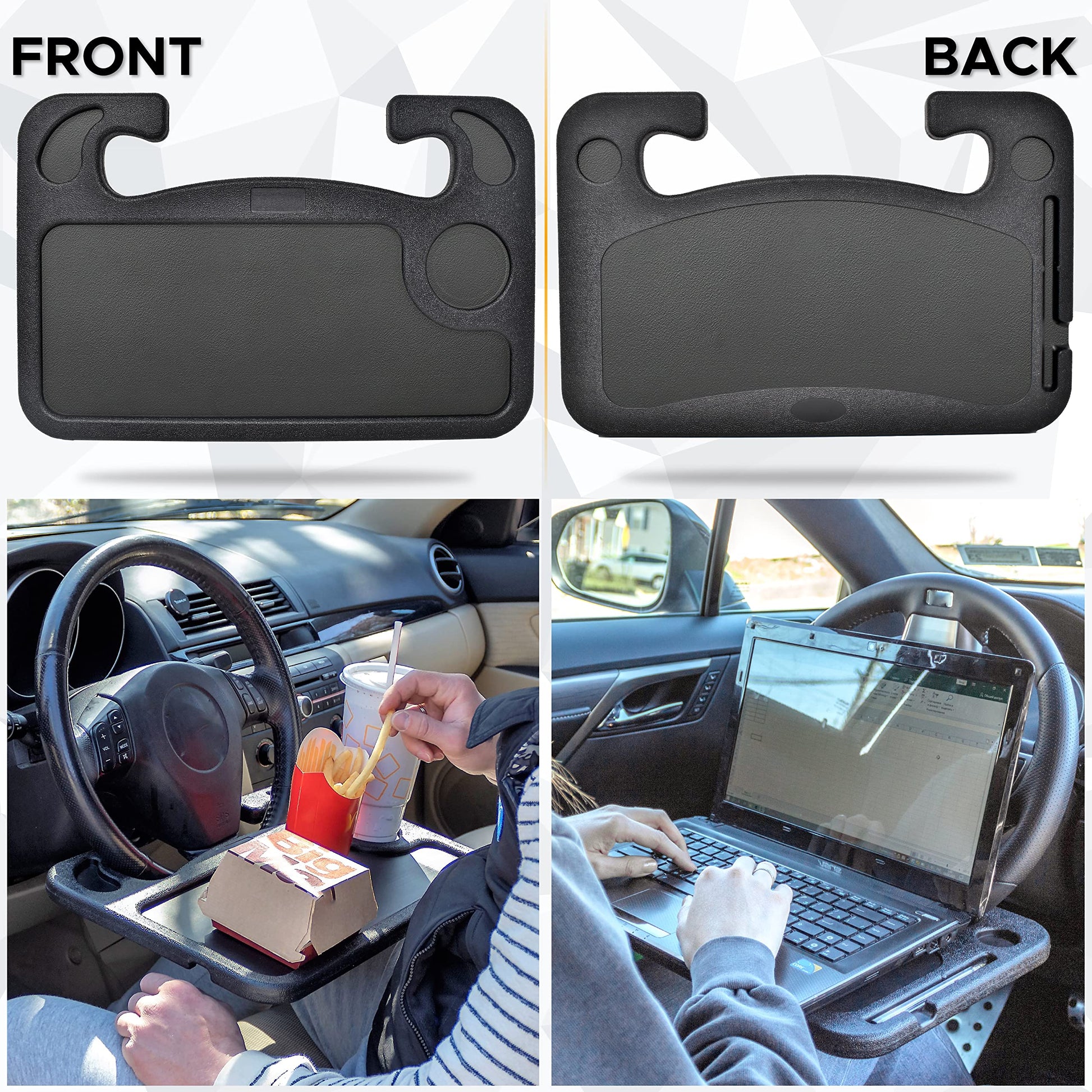 Royallure 2-in-1 Car Desk for Laptop and Food – Steering Wheel Tray with Drink Holder for Travel and Work 3