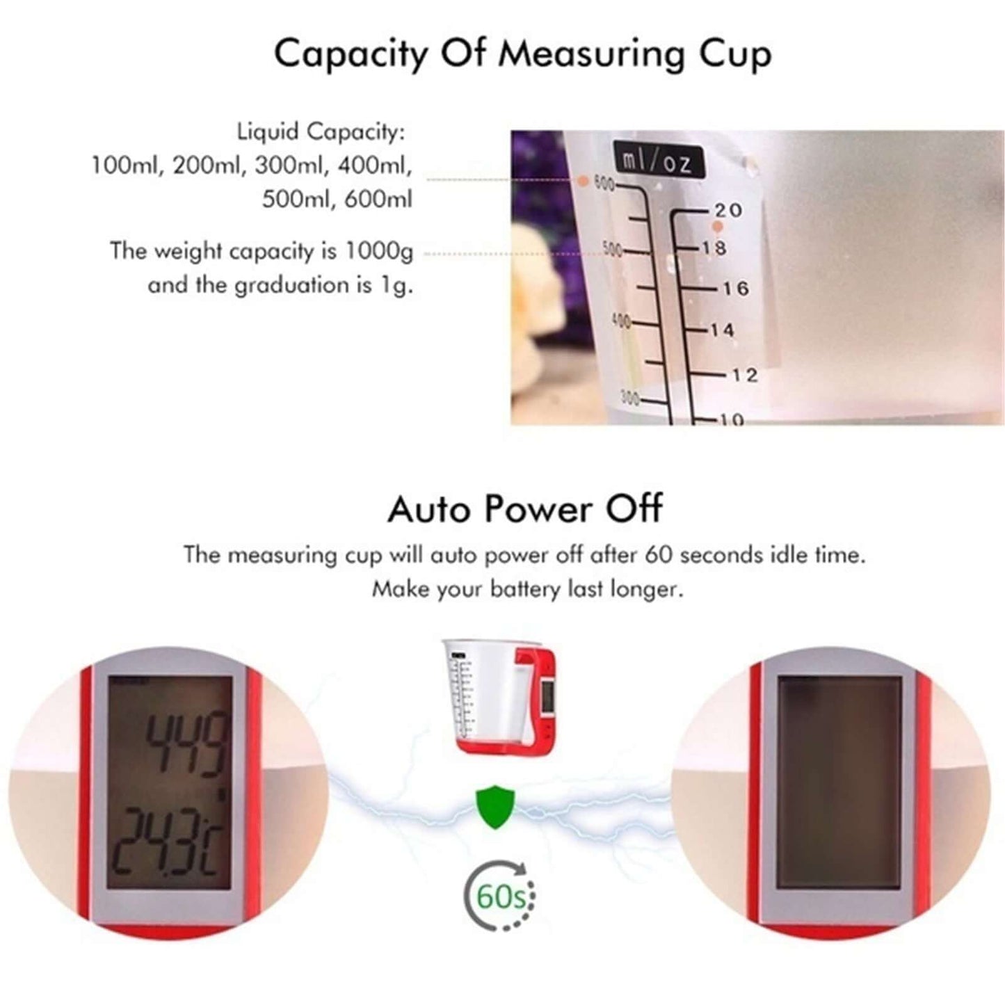 Royallure Digital Kitchen Scale with LCD Display - 4-in-1 Food Measuring Cup, 1000g Capacity, Space-Saving Design 7