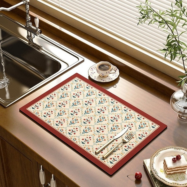 Royallure Dish Drying Mat - Absorbent Countertop Protector with Floral Design 15