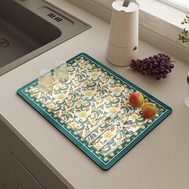 Royallure Dish Drying Mat - Absorbent Countertop Protector with Floral Design 16