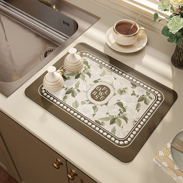 Royallure Dish Drying Mat - Absorbent Countertop Protector with Floral Design 9