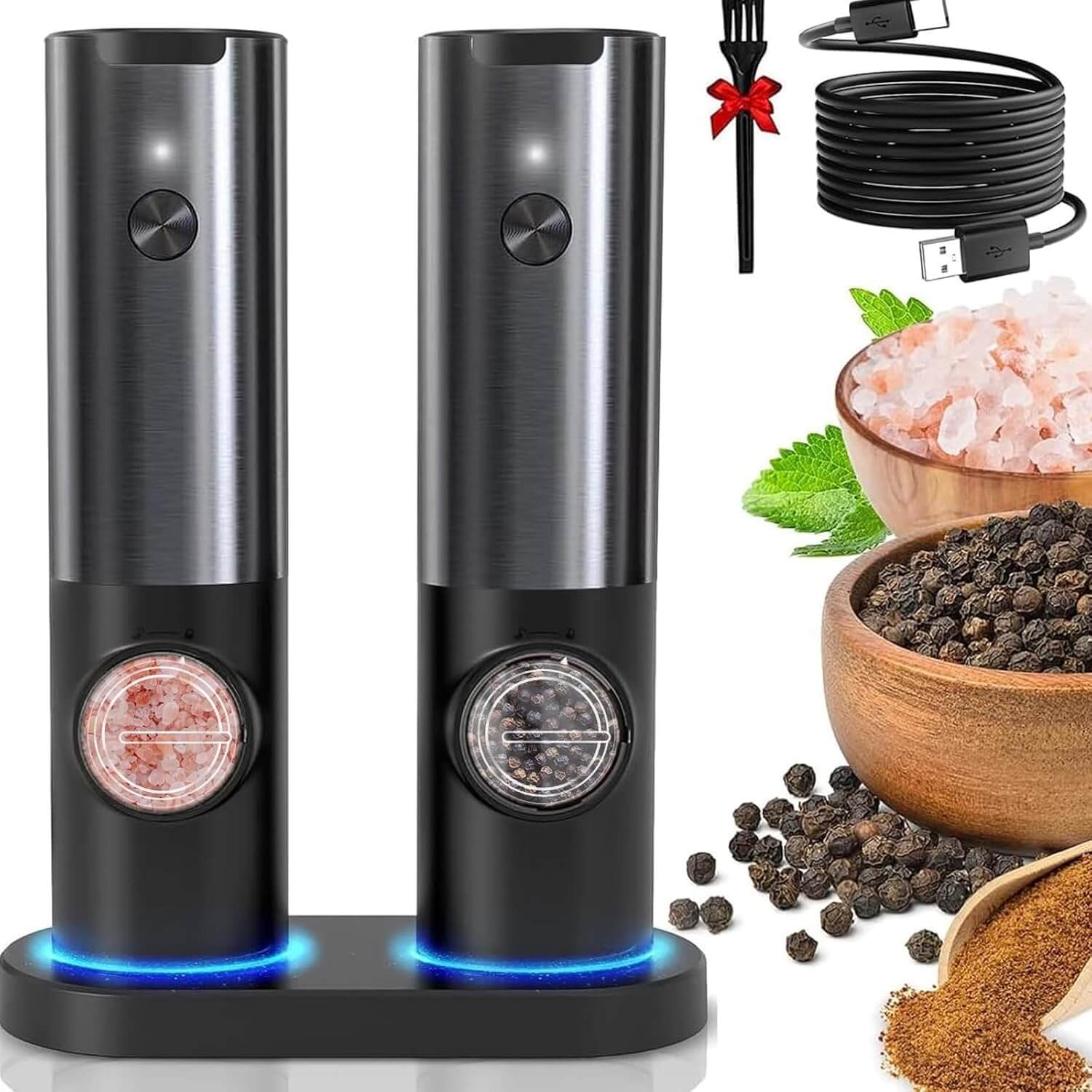 Royallure Electric Salt and Pepper Grinder Set – Rechargeable Stainless Steel, One-Handed Operation, Adjustable Grind with LED Light 0