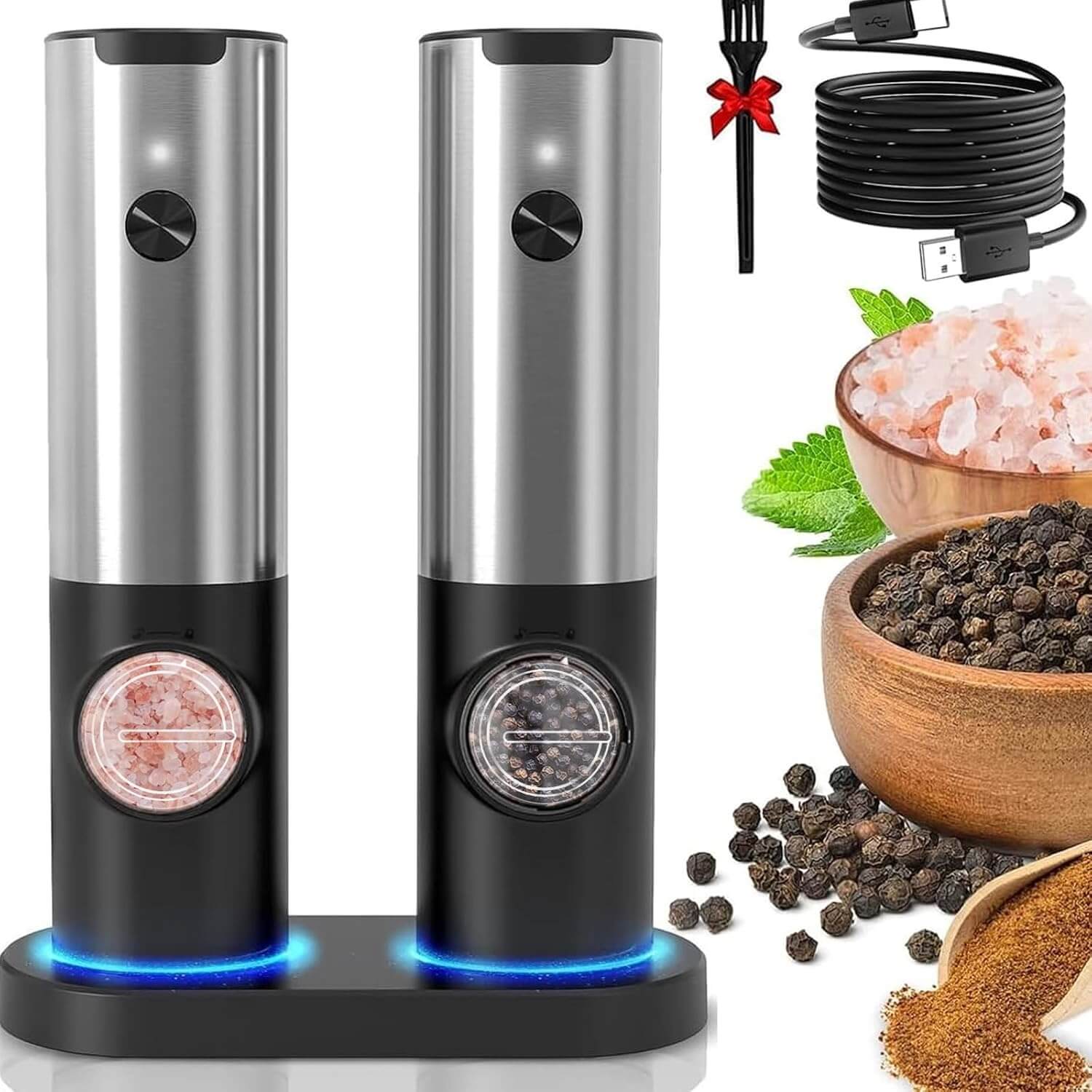 Royallure Electric Salt and Pepper Grinder Set – Rechargeable Stainless Steel, One-Handed Operation, Adjustable Grind with LED Light 1