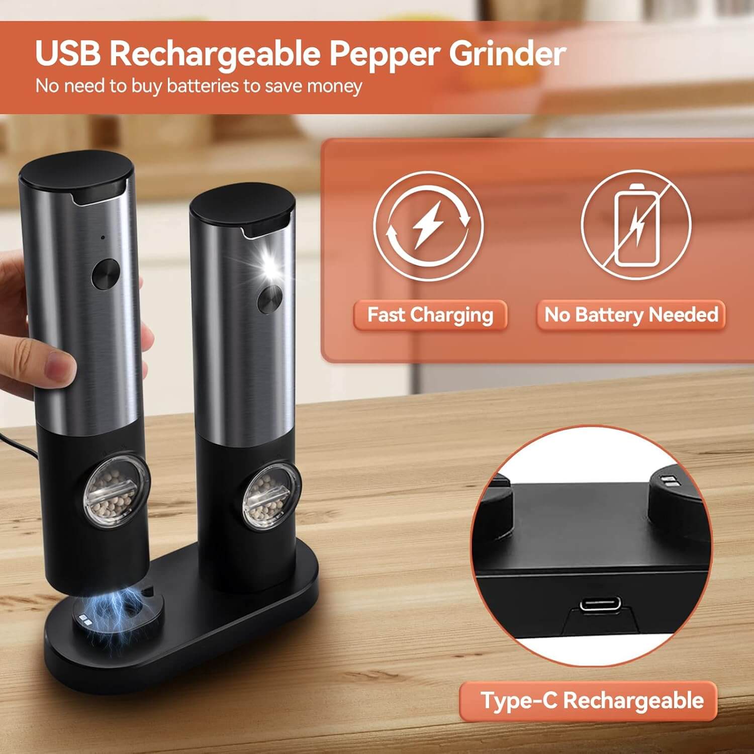 Royallure Electric Salt and Pepper Grinder Set – Rechargeable Stainless Steel, One-Handed Operation, Adjustable Grind with LED Light 2