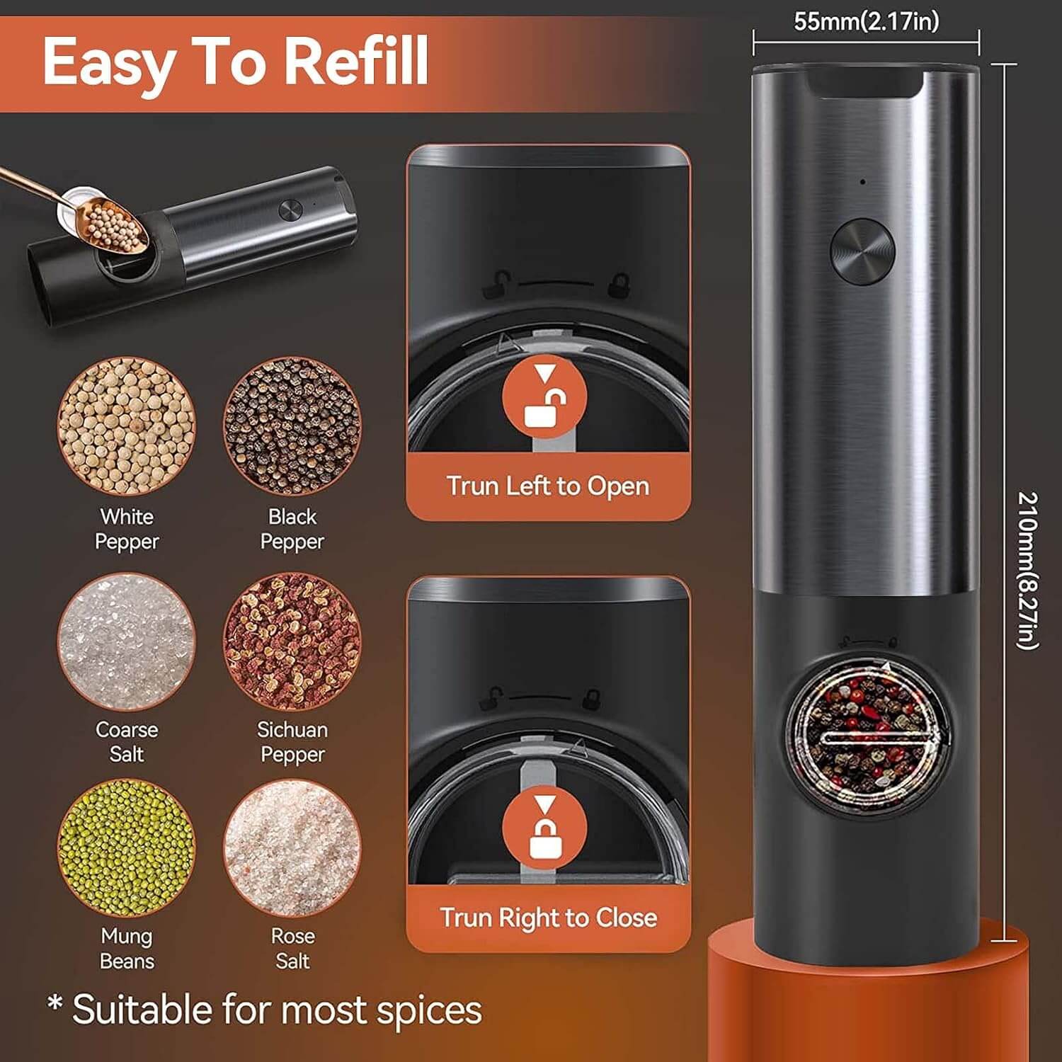 Royallure Electric Salt and Pepper Grinder Set – Rechargeable Stainless Steel, One-Handed Operation, Adjustable Grind with LED Light 3