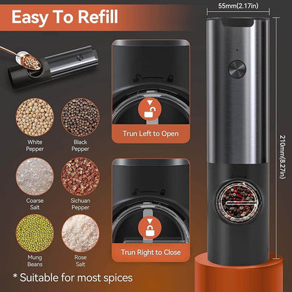 Royallure Electric Salt and Pepper Grinder Set – Rechargeable Stainless Steel, One-Handed Operation, Adjustable Grind with LED Light 3