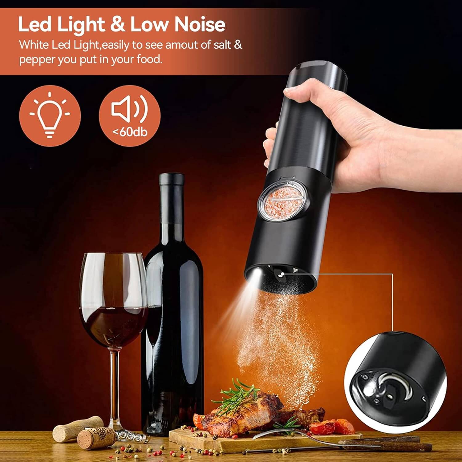 Royallure Electric Salt and Pepper Grinder Set – Rechargeable Stainless Steel, One-Handed Operation, Adjustable Grind with LED Light 4