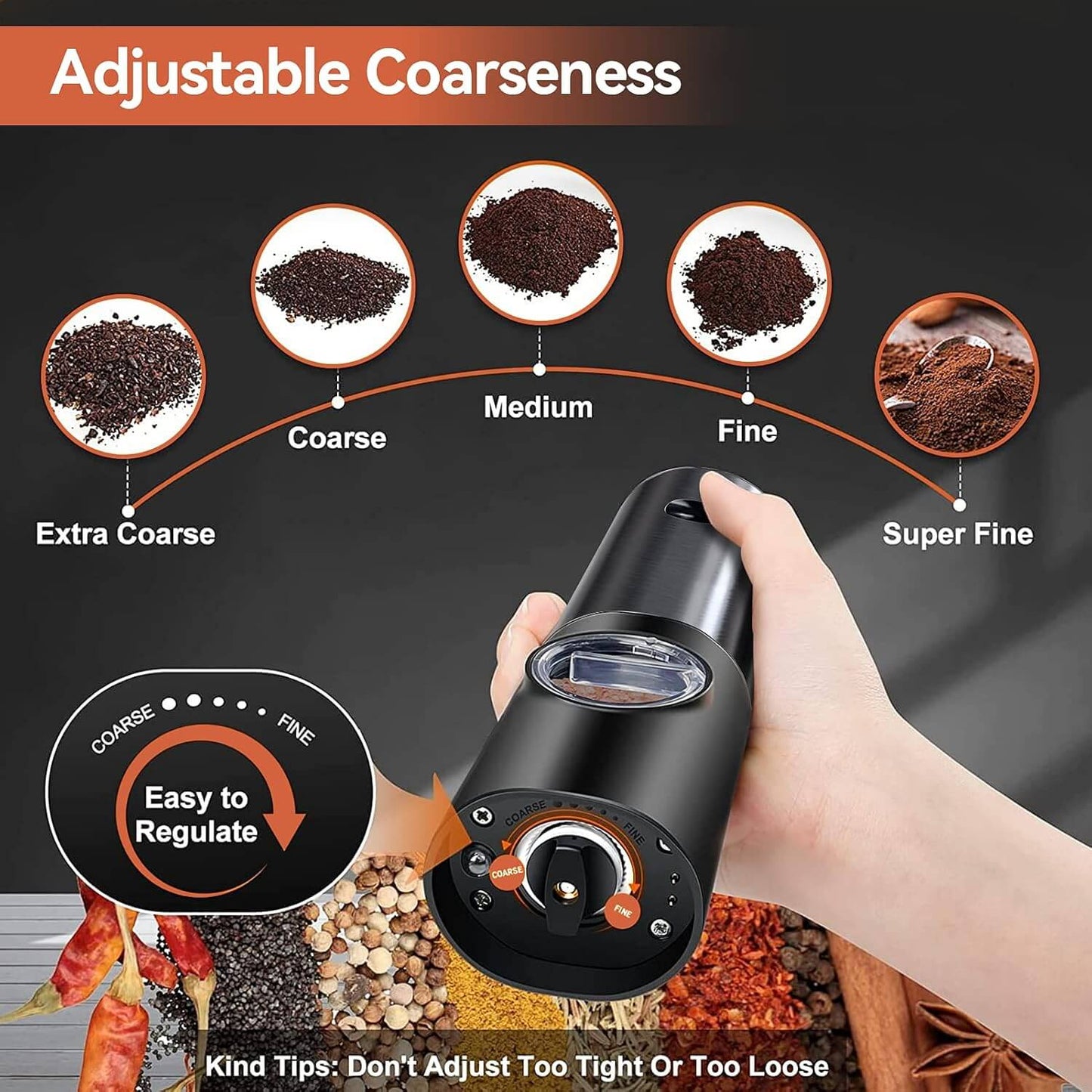 Royallure Electric Salt and Pepper Grinder Set – Rechargeable Stainless Steel, One-Handed Operation, Adjustable Grind with LED Light 5