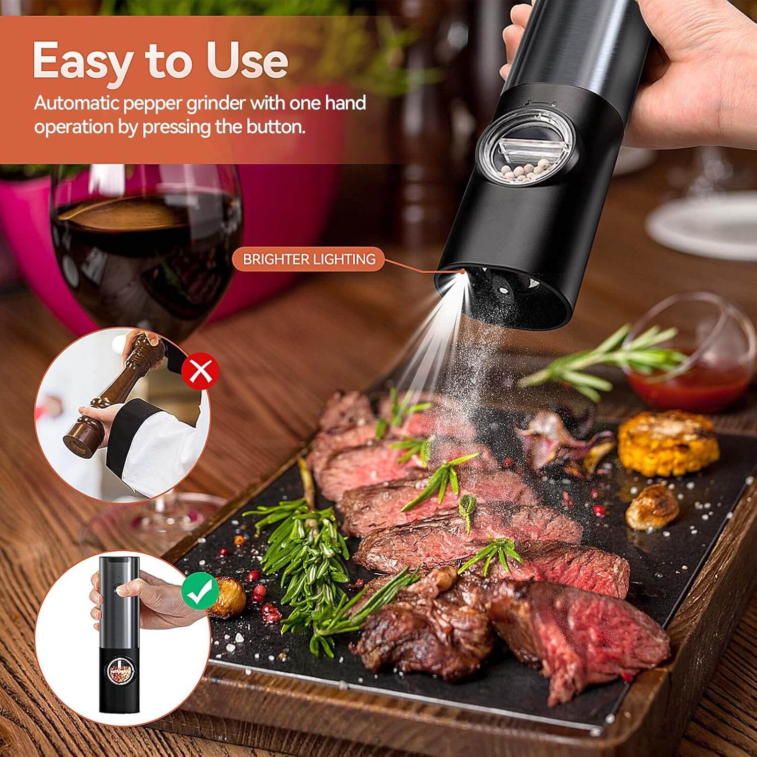 Royallure Electric Salt and Pepper Grinder Set – Rechargeable Stainless Steel, One-Handed Operation, Adjustable Grind with LED Light 6