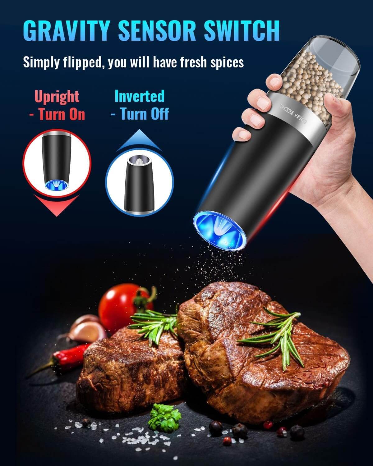 Royallure Electric Salt and Pepper Grinder with Adjustable Coarseness and LED Light – One-Handed Operation Pepper Mill 2