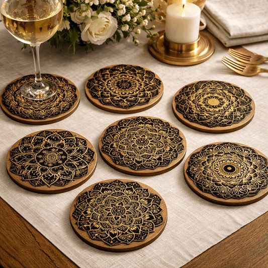 Royallure Elegant Wooden Coaster with Mandala Design for Table Protection 0