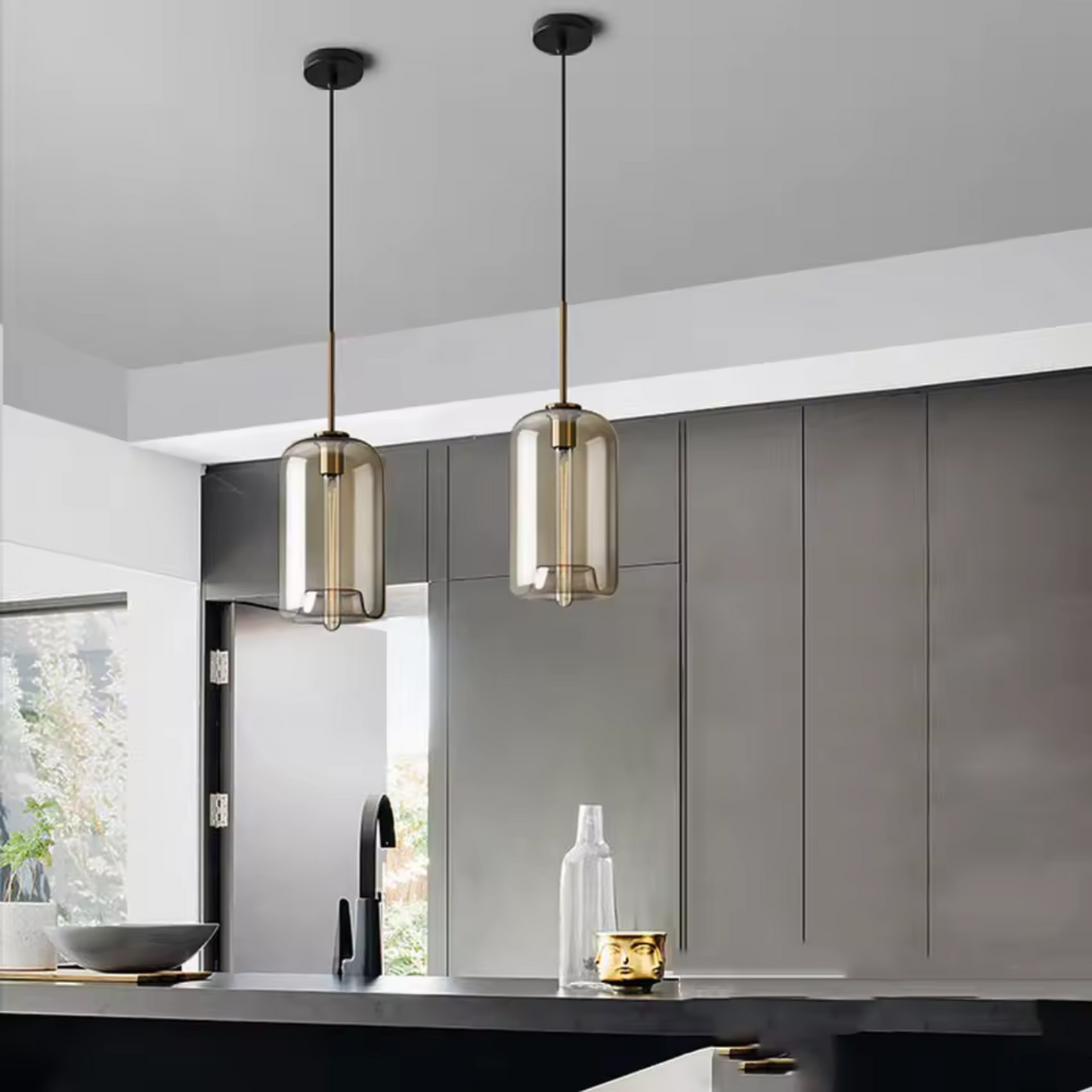 Royallure Glass Pendant Light with Hand-Blown Amber Shade for Kitchen Island 1